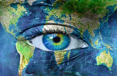 Artistic depiction of a human eye overlaid with a world map, symbolizing global awareness and diverse expertise.