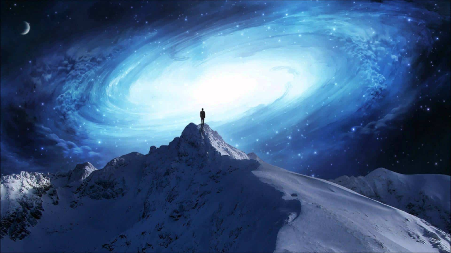 A person standing on a mountain peak gazing at a cosmic galaxy, symbolizing the diverse and complex nature of the "Circus Mind" and the choices we face.
