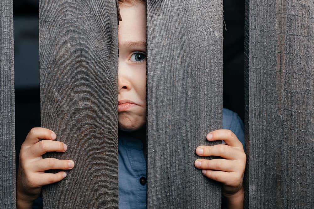 boy looking between the wood fence 