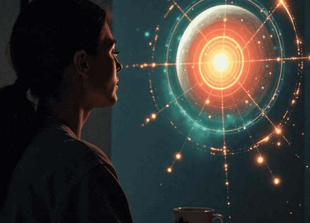 Woman gazing at a glowing, circular energy pattern representing mind power and remote viewing abilities, emphasizing mental mastery and psychic skills.