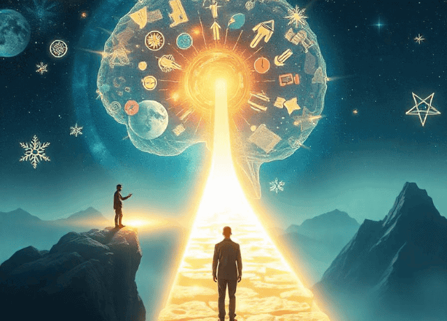 Visual representation of remote viewing and expanded consciousness with a glowing keyhole, symbols, and cosmic elements illustrating unlocking hidden knowledge and psychic abilities.