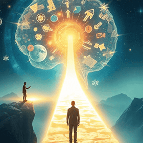 A person standing at a glowing pathway leading to a bright, illuminated brain with various icons representing skills, ideas, and knowledge, symbolizing a versatile and creative mindset.