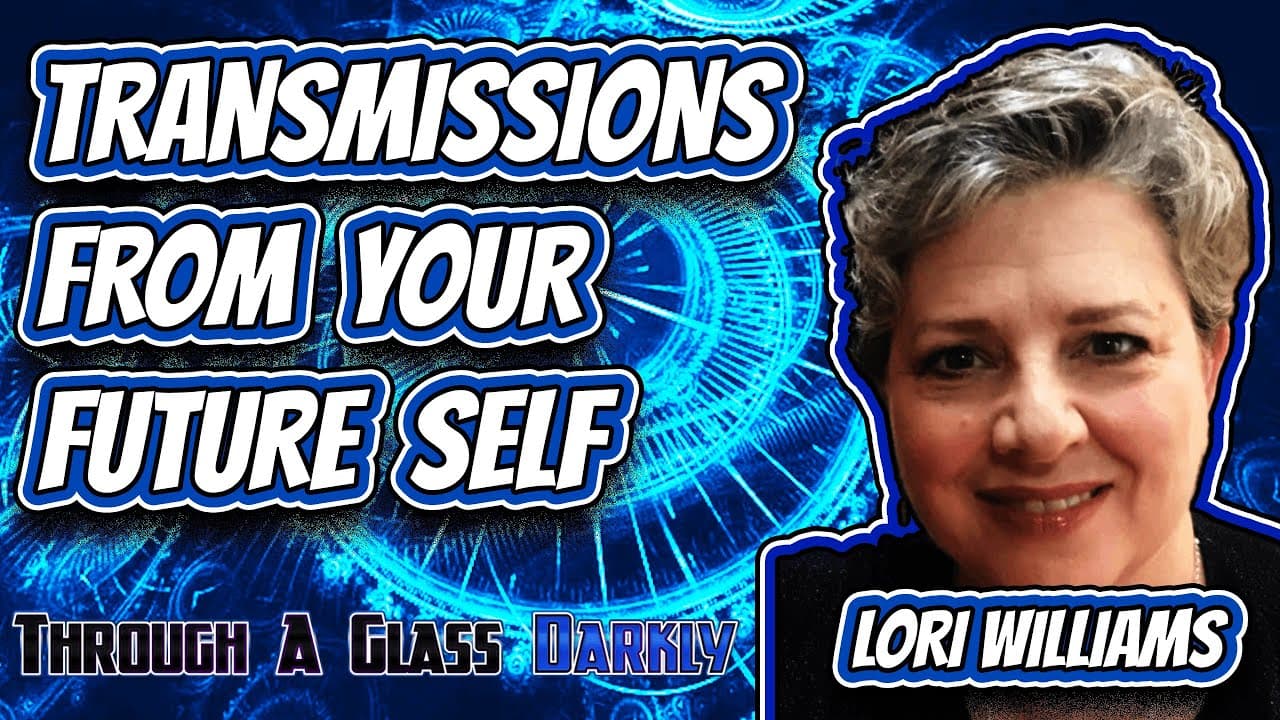 Visual representation of future self-transmissions with Lori Williams, emphasizing time loops and self-awareness in a digital context.